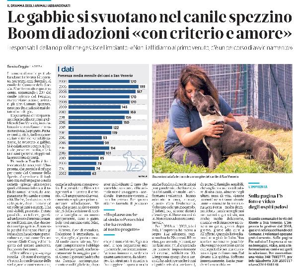 Si parla di noi, del Canile Municipale della Spezia, il canile della nostra città, in questo articolo della giornalista Sondra Coggio uscito ieri su Il Secolo XIX.
E soprattutto si parla di un argomento a cui noi teniamo tantissimo: le adozioni consapevoli.
Nell' oramai lontano Agosto 2018, quando siamo diventati da semplici volontari anche gestori-volontari del canile, avevamo già le idee molto chiare, puntare non sulla quantità ma sulla qualità delle adozioni.
E adesso dopo 4 anni possiamo dire che i fatti ed i numeri ci danno ragione.
 
E adesso per agevolarne la lettura riportiamo qui sotto il contenuto dell’articolo in maniera integrale:
 
Il numero di cani e gatti abbandonati sfiorava i duecento, nei primi anni duemila, al canile del Comune della Spezia. Si arrivava oltre quattrocento, sommando i 237 del canile privato del Pezzino, convenzionato con quasi tutti gli altri Comuni spezzini, nessuno dei quali si è mai dotato di un rifugio. L’operazione di trasparenza attuata dalla struttura pubblica di San Venerio, in collaborazione con l’amministrazione civica, ha pagato. Portare cani in città, farli conoscere, fare attività di sensibilizzazione, ha svuotato le gabbie. Si è calati sotto i cento. E l’attuale presenza media, riferita ai cani spezzini, viaggia sulla sessantina di unità. Pierandrea Fosella è fra i fondatori della no profit L’Impronta, che gestisce il rifugio per conto del Comune della Spezia. «Io credo che il risultato stia nell’impegno e nella serietà – spiega – attraverso i quali abbiamo infranto il tabù dei cancelli chiusi, della separazione fra canile e comunità. Uscire, farsi vedere, aprire le porte, dare un nome ed un volto ai cani e ai gatti, li ha resi visibili, presenti». È stato possibile, sottolinea, grazie ad un lavoro d’intesta costante con il Comune, che «ha creduto nel progetto». E non solo perché il sindaco Pierluigi Peracchini ha adottato personalmente, così come l’ex assessore Giulia Giorgi ed il dirigente del settore ambiente, Francesco Bertoneri. «Oltre all’esempio – spiega Fosella – c’è stato il sostegno, c’è stata la condivisione delle scelte, anche controcorrente, come le adozioni consapevoli». È la presidente Elisabetta Spinozzi a illustrare il criterio. «C’è un percorso di avvicinamento – spiega – prima di arrivare all’adozione. Sia qui, che a casa. Si deve essere sicuri della decisione di aprire la famiglia ad un nuovo componente, cane o gatto. Solo così saranno tutti felici, insieme». Altrove, fuor di metafora, l’adozione è immediata. Si va, si sceglie, si porta a casa. Al canile comunale no. Non tutti comprendono l’obbligo di andare per gradi, ma fortunatamente la maggior parte sì. Come il giovane padre che sta facendo accompagnamento con il figlioletto, dopo aver individuato il cane che vorrebbe adottare. «Un animale non è un oggetto – condivide – è un essere vivente. E non ha prezzo. Per questo stiamo facendo il percorso che ci è stato chiesto. È giusto così. E non acquisterei mai un cucciolo, su commissione. Lo trovo immorale, vedendo quanti cani ci sono, da adottare». La struttura è riuscita a fronteggiare in questo modo anche l’ondata di restituzioni post pandemia, che ha colpito altri canili. «In molti – confermano i volontari – hanno adottato a caso, altrove, quando c’era l’isolamento. Volevano solo un giocattolo. E infatti, poi, si sono disfatti di cani e gatti. Una cosa orribile. Non erano adozioni consapevoli». Fra il 2018 ed il 2021, (dati Asl), L’Impronta ha messo a segno 152 adozioni, registrando solo 29 decessi. Il Pezzino, pur avendo più cani, ne ha fatte solo 77, dichiarando un numero impressionante di decessi, addirittura 90. L’Impronta spiega che si cerca di far adottare anche i cani e i gatti anziani ed acciaccati, da parte di famiglie sensibili, che vogliano dare loro il calore di una casa, almeno negli ultimi mesi di vita. «Storie toccanti ne abbiamo vissute tante – ammette la volontaria Losa Porcu – molte drammatiche, quando accogli cani maltrattati o gettati via, ma anche molte dolcissime, quando vedi rinascere un cane o un gatto, giorno dopo giorno, grazie alle cure a all’affetto. Quando li rivediamo è una gioia infinita. Non sembra nemmeno possibile che vengano portati in canile cani e gatti che per una vita sono stati parte di una casa. Dal divano alla gabbia. Soffrono immensamente. Basta guardare i loro occhi».